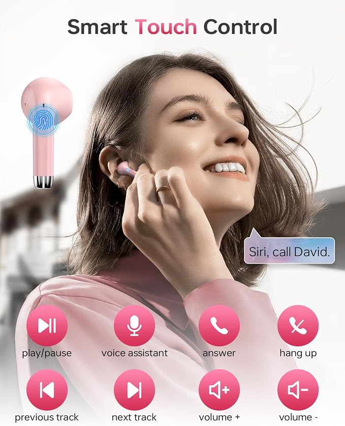 Wireless Earbuds Bluetooth 5.3 Headphones, 40Hrs Playback Stereo Ear Buds with LED Display Charging Case IPX7 Waterproof in-Ear Earphones with Mic for Phone Tablet Laptop Sports, Pink