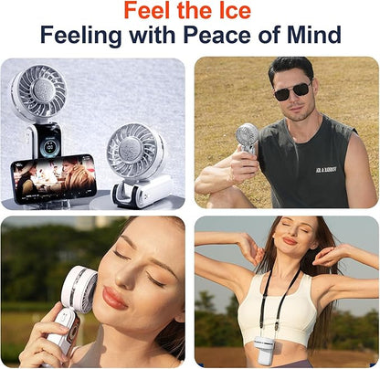 Blows Cold Air Portable Handheld Fan with Stand & Lanyard, 5000mAh USB-C Rechargeable Battery, 12H/5-Speed LED Display Mini Fan for Travel Beach Cruise Concerts Outdoor Events(White)