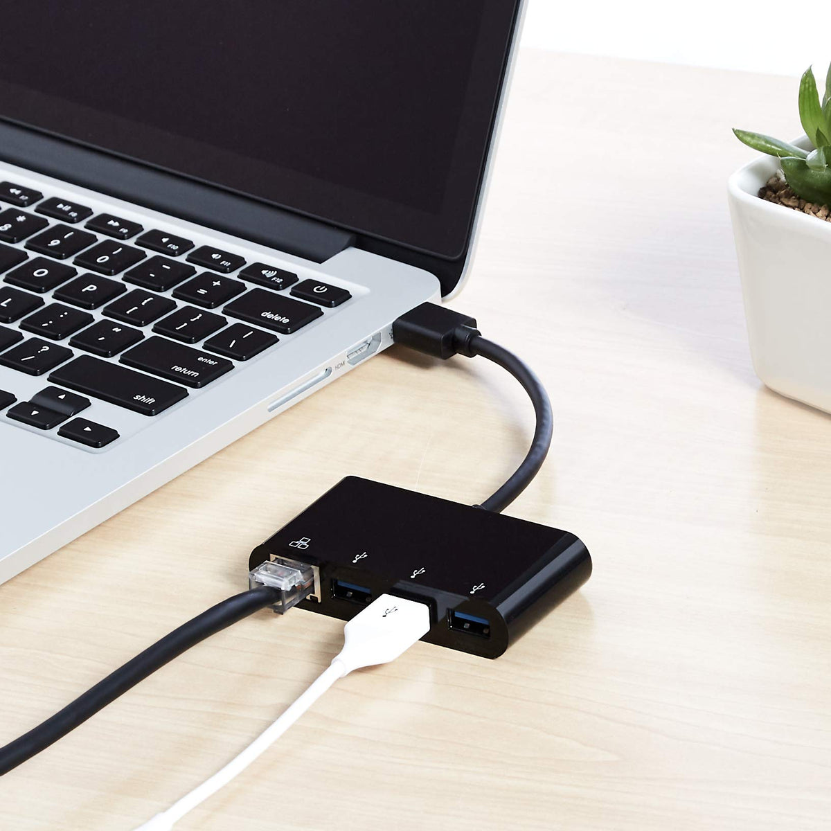 Amazon Basics 4-Port USB 3.0 Hub with 3 USB-A Ports & 1 RJ45 Gigabit Ethernet Port, High-Speed Network Adapter for Laptops, Black