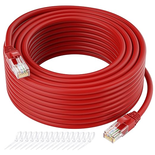 Kxable Cat5e Ethernet Cable 250 FT, Cat 5e Internet Cable, Red Snagless Patch Cord, Flexible, Network, LAN, PoE, Standard RJ45 Connector for PC, Server, Router, Modem, TV, PS5 - with 15 Cable Ties