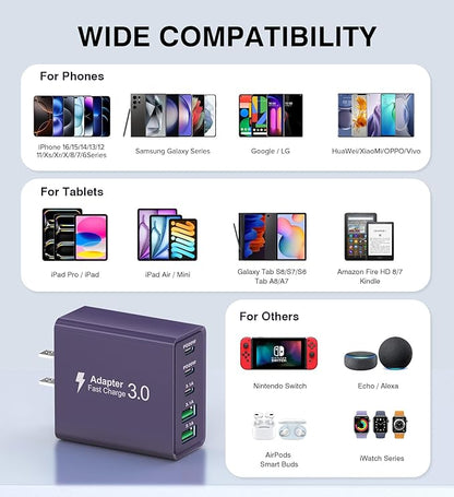 [2Pack] 50W USB C Plug,5-Port Fast Charger Block PD+QC Cube Wall Charging Box Brick for iPhone 16/15/14/13 for Samsung Galaxy S24/S23/S22/S21+/S21 Ultra, Magsafe Wireless Charger,(Purple)