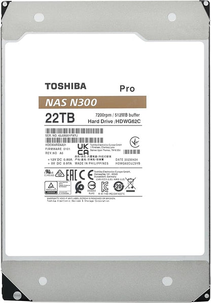 Toshiba N300 PRO 22TB Large-Sized Business NAS (up to 24 Bays) 3.5-Inch Internal Hard Drive - Up to 300 TB/Year Workload Rate CMR SATA 6 Gb/s 7200 RPM 512 MB Cache - HDWG62CXZSTB