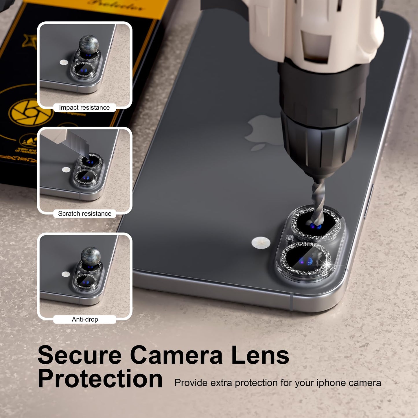beuxece for 6 Pack iPhone 17 / iPhone 16 / iPhone 16 Plus Camera Lens Protector [Drop Protection] [Easy Installation] 9H Tempered Glass Camera Screen Protector Cover Accessories, Glitter Black