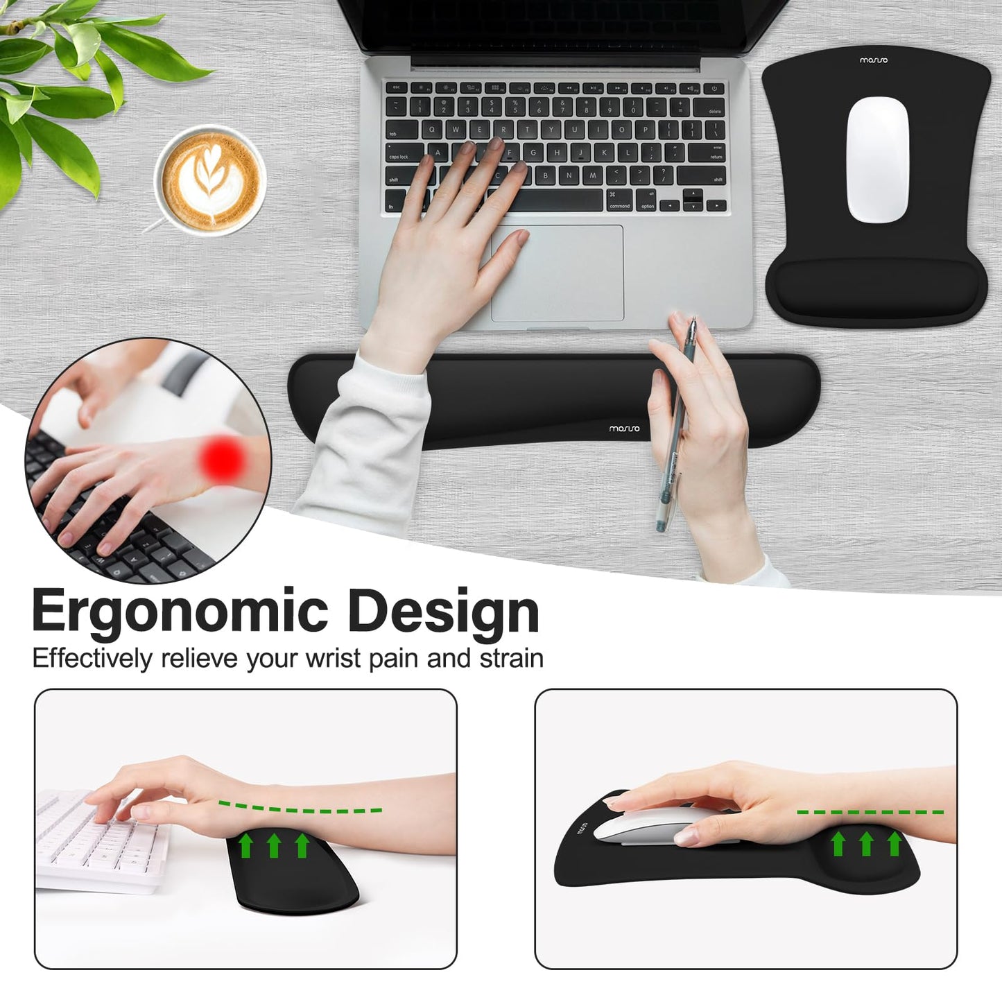 MOSISO Wrist Rest Support for Mouse Pad & Keyboard Set, Ergonomic Mousepad Non-Slip Base Home/Office Pain Relief & Easy Typing Cushion with Neoprene Cloth & Raised Memory Foam, Black