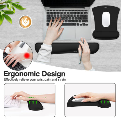 MOSISO Wrist Rest Support for Mouse Pad & Keyboard Set, Ergonomic Mousepad Non-Slip Base Home/Office Pain Relief & Easy Typing Cushion with Neoprene Cloth & Raised Memory Foam, Black