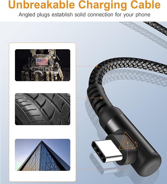 sweguard USB C Cable Right Angle [3Pack, 10FT+6.6FT+3.3FT], USB Type C iPhone 16 Charger Cable Nylon Braided Cord for iPhone 15 16 Pro Max Plus, Samsung Galaxy S25 S24 S23 S22 S21 S10 Note 20 10,Moto