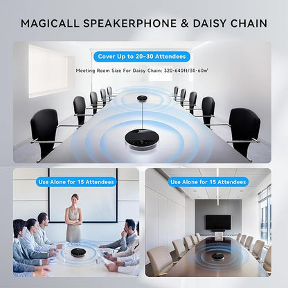Tenveo MagiCall-EX Bluetooth Conference Speakerphone, Daisy Chain/Use Alone up to 30 attendees, Bluetooth/Wireless/USB Microphone, 360°Voice Pickup Noise Cancelling for Conference Call Large Meeting
