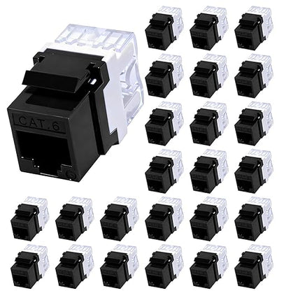 RJ45 Cat6 Keystone Jacks 25-Pack, Ethernet Keystone Jack, 180 Degree Punch-Down Cat 6 Keystone Jack Slim Profile for Wall Plates & Patch Panels – Black