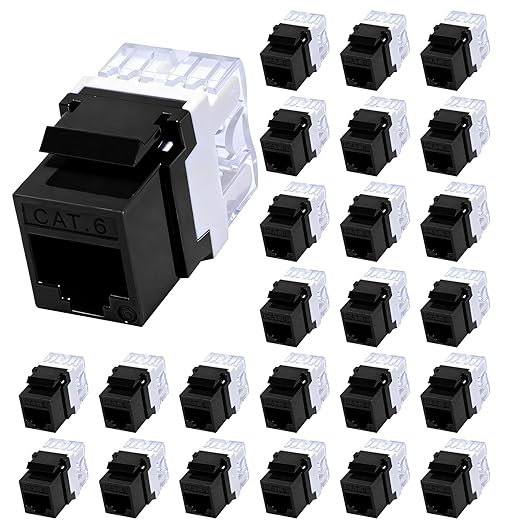NataLink RJ45 Cat6 Keystone Jacks 25-Pack, Ethernet Keystone Jack, 180 Degree Punch-Down Cat 6 Keystone Jack Slim Profile for Wall Plates & Patch Panels – Black
