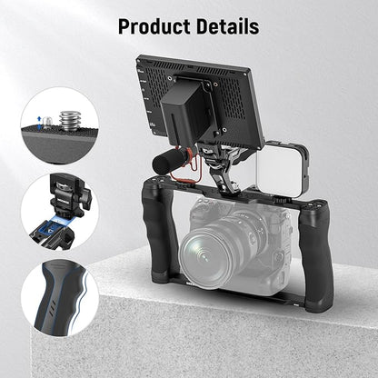 NEEWER Universal Camera Cage with Top Handle & Cold Shoe Monitor Mount, Arca Type Camera Gimbal Stabilizer Video Rig, Dual Handgrips & 3/8" for ARRI Compatible with SmallRig Accessories, CA016T+MA006