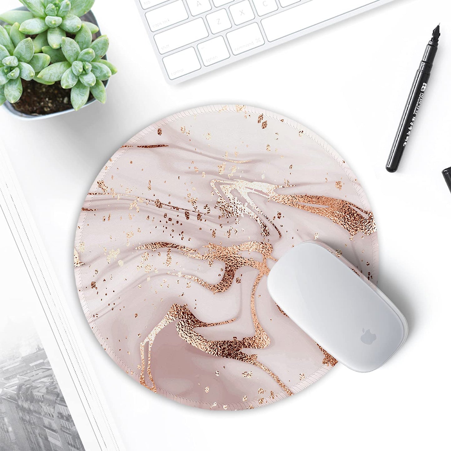 ITNRSIIET Round Mouse Pad with Stitched Edge Premium-Textured Waterproof Non-Slip Rubber Base Desktop Protection Mat Diameter 8.7 inches, Rose Gold Marbling