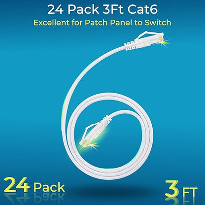 Rapink Patch Cables Cat6/ Cat6a 3ft (24 Pack) Slim, Cat6a Ethernet Patch Cable 10G Support, Snagless Cat 6 Patch Cable for Patch Panel to Switch, Flexiable Cat6 Ethernet Cable White