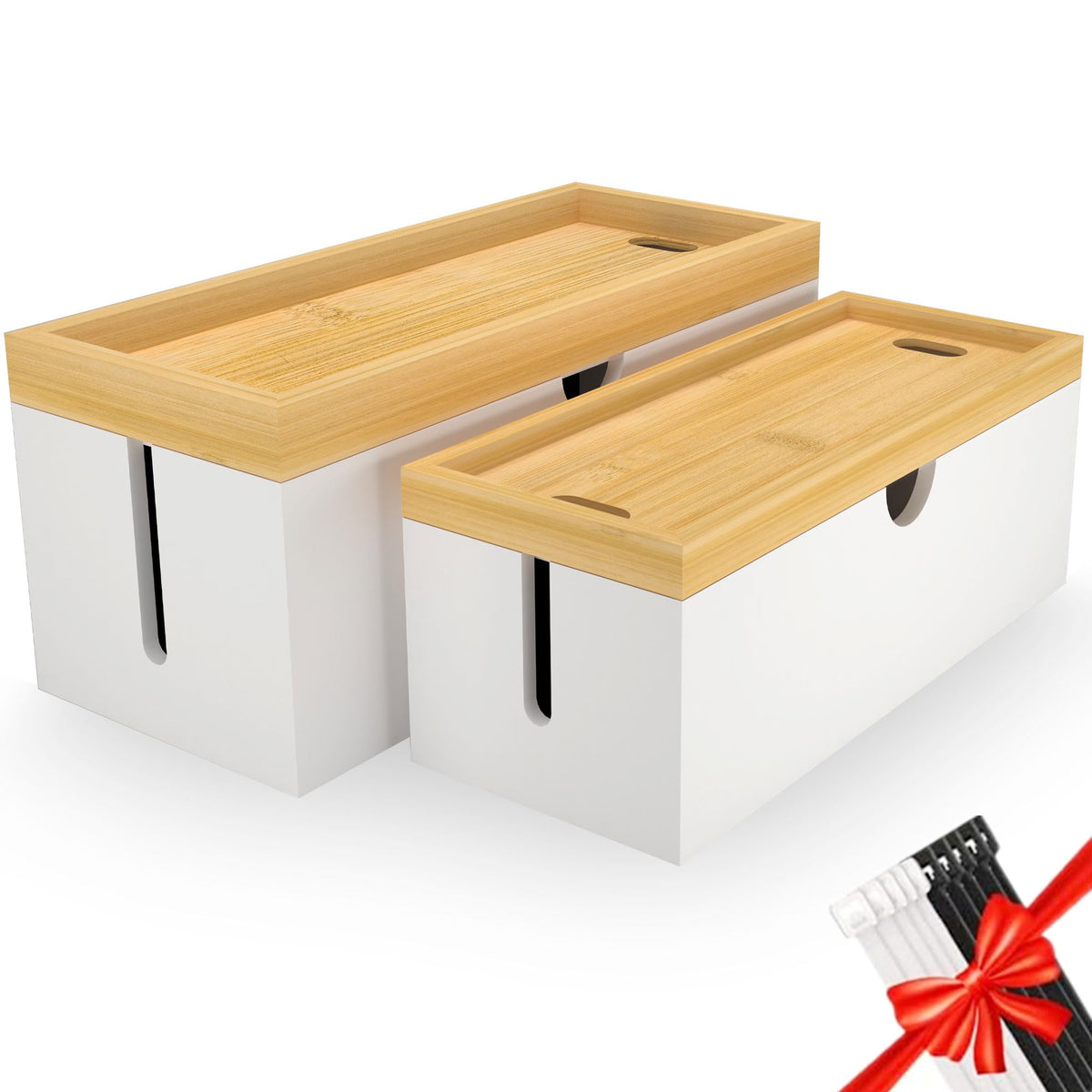 Bamboo Cable Management Box, Large Cord Organizer Box Cable Box to Hide Wires & Power Strips for Desktop Storage Cord Holder for Office Home,No Assembley Required (All White, Large)