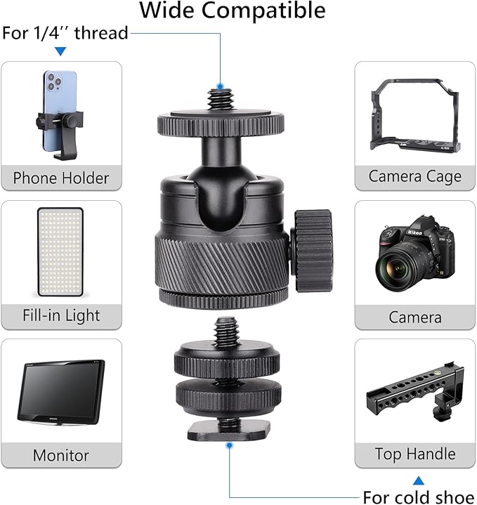 Mini Ball Head, CNC All Metal Aluminum Universal Panoramic Tripod Head Mount for Compact DSLR Action Cam Phone LED Ring Light Monopod Slider, 4.4lb Max Load