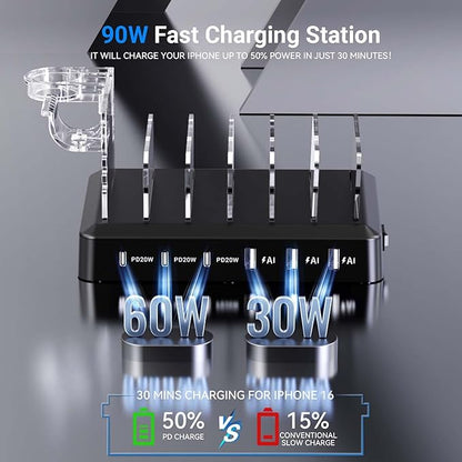Catlyn Charging Station for Multiple Devices, 6-Port 90W Fast Charger Stations with 8 Mixed Charger Cables Organizer Dock,Compatible for Cell Phone