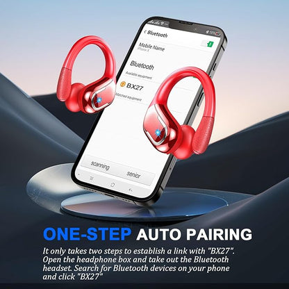 Ltinist Wireless Earbud, Bluetooh 5.4 Headphones Pure Bass Sound with Earhooks, 75H Battery in-Ear Sport Earbud with Dual-LED Display, IP7 Waterproof Earphones Built-in Microphone for Running, Red