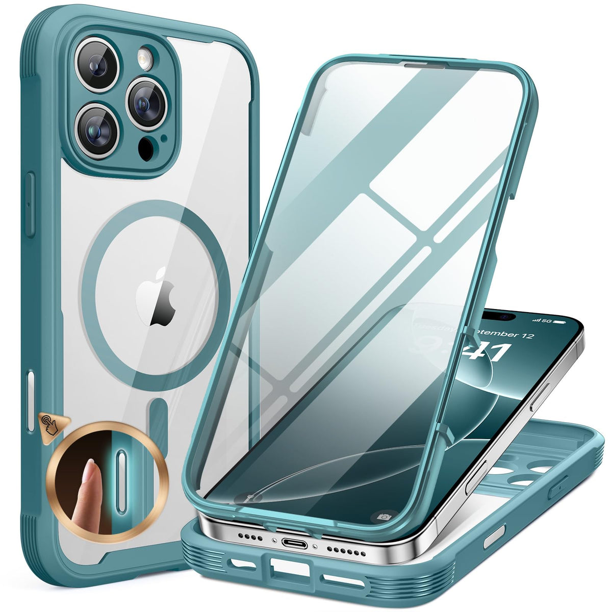 Miracase for iPhone 13 Case 6.1'',Full-Body Magnetic Clear Bumper Case with Built-in 9H Tempered Glass Screen Protector,Military Drop Protection Outdoor Phone Case — iPhone 16 Pro