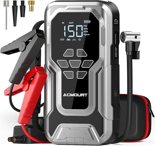 Acmount D18 Jump Starter with Air Compressor, 6000A Car Battery Jumper Starter Portable(All Gas/10.0L Diesel), 150PSI Tire Inflator Air Pump, 12V Jump Pack, 800LM Flashlight, Car Gift for Men