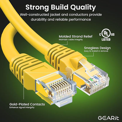 GEARit Cat 6 Ethernet Patch Cable 5 ft Yellow (20 Pack) Cat6 Patch Cables 5ft Yellow/Ethernet Patch Cable, 10Gbps 550MHz 24AWG Pure Copper, Snagless, Gold Plated RJ45 for Router, Server, Router, PC