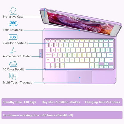 HOTLIFE Case with Keyboard for iPad 10.2,Touch Trackpad Keyboard Case for iPad 9th Generation/8th/7th Gen, 10 Corlor Backlit - 360° Rotatable Protective Cover with Pencil Holder
