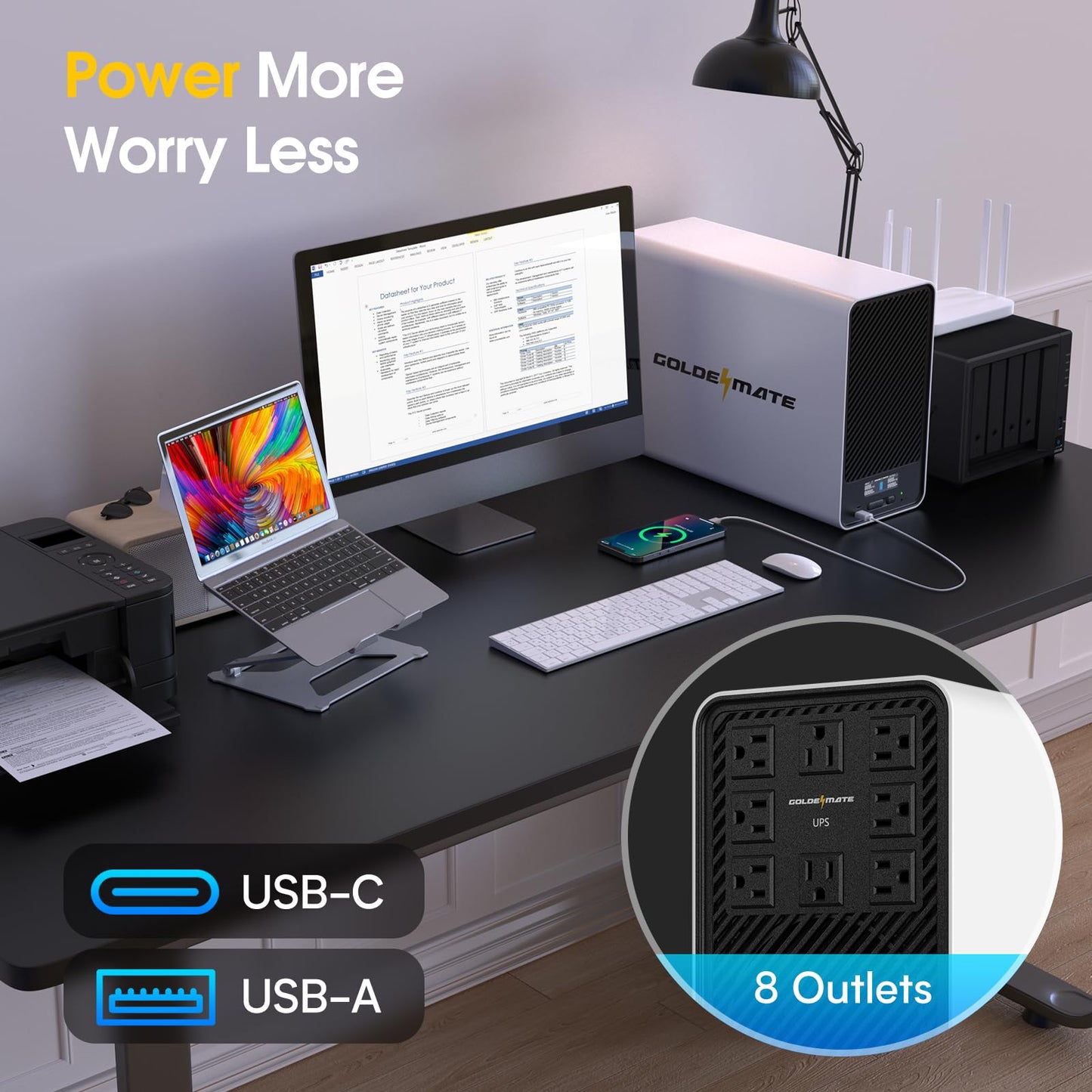 GOLDENMATE 1500VA/1200W Lithium UPS Battery Backup & Surge Protector, White