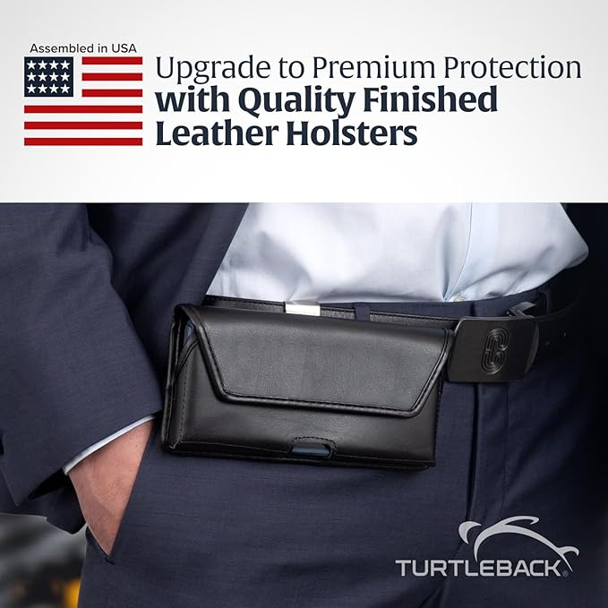 Turtleback Belt Clip for iPhone 16 Pro, 16e, 15 pro 14 Pro 13 Pro -Large- Fits w/Defender Bulky Style Cases, Premium Black Leather, Horizontal Belt Holder, Magnetic Closure HD Rotating Belt Clip