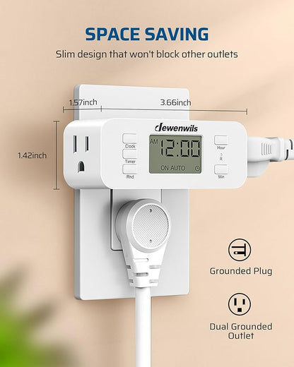 DEWENWILS 24 Hour Programmable Digital Timer Outlet, 2 Pack Timers for Electrical Outlets, Indoor Light Timers for Lamp Fan Aquarium, 2 Grounded Outlet, 125V/15A Resistive/1000W Tungsten, 3 Prong