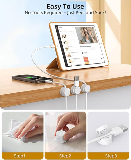 Cord Organizer, Rotatable Cable Organizer 8 Pack, No-Residue Adhesive Spring Cable Clips, Cord Holder for Nightstand, Kitchen, Office Accessories and Car (White)