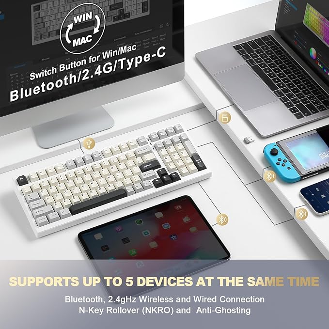 YUNZII YZ98 Gasket Mechanical Keyboard,99 Key Hot Swappable BT5.0/2.4G/USB-C Wireless NKRO 98% 1800 Layout with RGB LED Backlit for Linux/Win/Mac(Milk Switch, White)