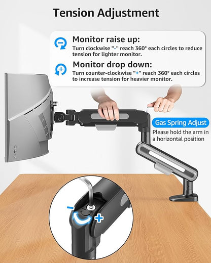 MOUNTUP Single Monitor Desk Mount for 4.4-26.5lbs, Heavy Duty Monitor Arm for 40 39 37 34 32 27inch, Full-Motion Monitors Stand, Height Adjustable Gas Spring Monitors Arm with C-Clamp＆Grommet Base