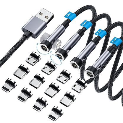 540° Rotation Magnetic Charging Cable, 3 in 1 Magnetic Phone Charger [4-Pack, 3ft/3ft/6ft/10ft] 3A Fast Charging Cable Support Data Transfer USB Magnet Charger Cable for i-P/Micro USB/Type C Device