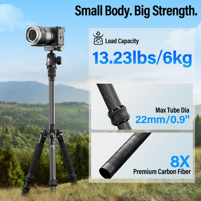 SIRUI Lightweight Carbon Fiber Travel Tripod, 6kg Load Capacity Compact Camera Support with Carry Bag, Portable for DSLR Mirrorless Cameras, Max Height 54" for Hiking Vacation Vlogging