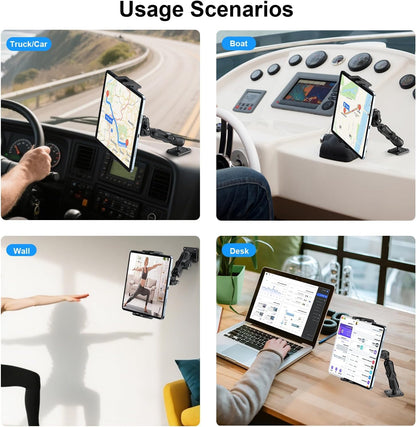 PLDHPRO Tablet Mount for Truck, Heavy Duty Drill Base Tablet Holder for Car Dashboard, Adjustable 2-Stage Stand Compatible with iPad, Galaxy Tab/Z Fold, 5.5-14.6'' Phone Tab for Wall, Vehicle, Boat