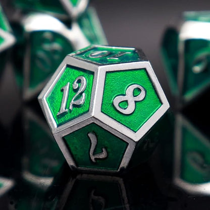 Haxtec 7 Die Metal DND Dice Set Green Elven Goblin D&D Dice Set Compatible with Dungeons and Dragons RPG Gaming-Silver Emerald Green Elvish Dice