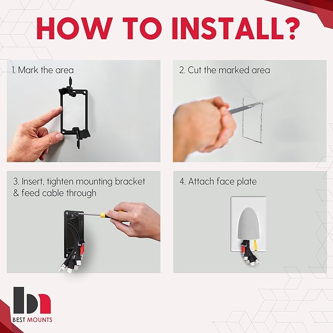 BestMounts - 1 Pack In Wall Cable Management 1-Gang Screw Less Low Voltage Cable Plate with Mounting Bracket ETL Listed (Outer Nose)
