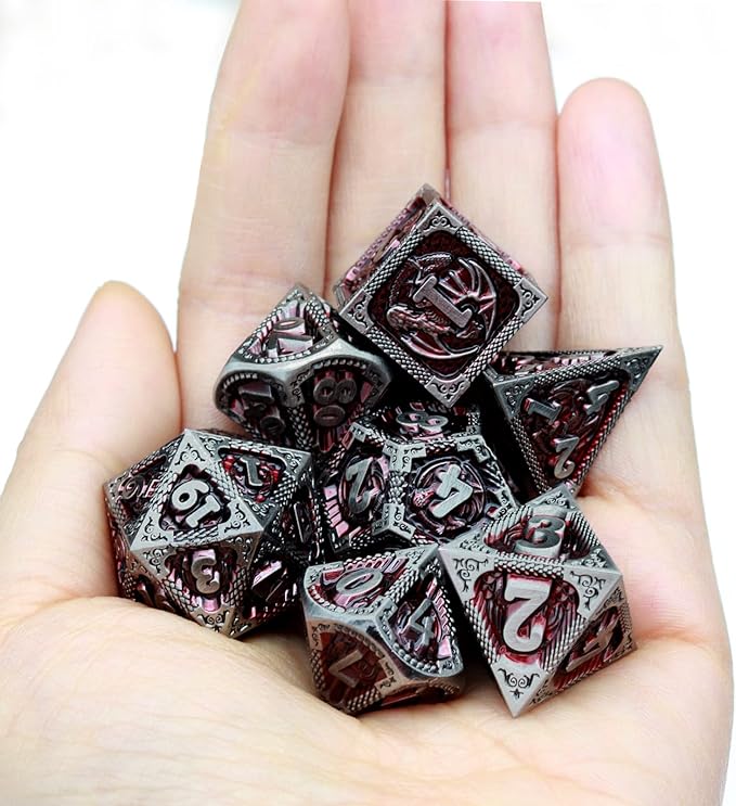 Haxtec DND Dice Set Metal D&D Dice Set with Leather Dice Bag Antique Iron Red Metal Polyhedral Dice Compatible with Dungeons and Dragons TTRPG Gifts