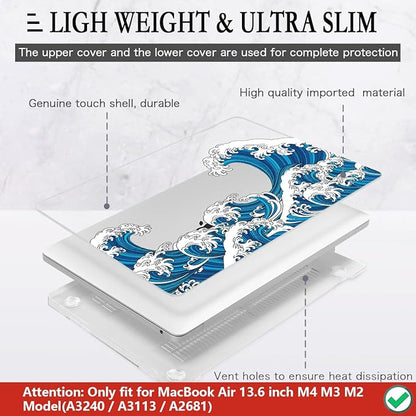 CISSOOK Wave Case for MacBook Air 13.6 inch 2025 2024 2023 2022 Release, Ocean Hard Shell Cover for MacBook Air 13.6 Touch ID Model A2681 A3113 A3240 M2 M3 M4 Chip with Keyboard Cover - Great Wave