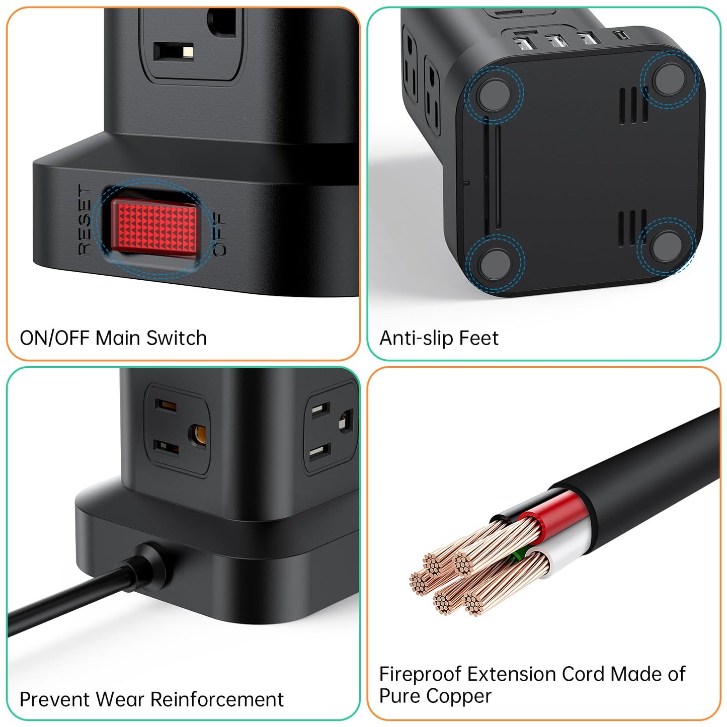 Extension Cord with Multiple Outlets, SMALLRT Power Strip Tower with USB Ports 12 AC Outlets, PD 20W USB C, 15FT Outlet Extender for Home Dorm, Office Supplies, Overload Protection