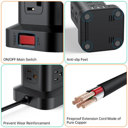 Extension Cord with Multiple Outlets, SMALLRT Power Strip Tower with USB Ports 12 AC Outlets, PD 20W USB C, 15FT Outlet Extender for Home Dorm, Office Supplies, Overload Protection
