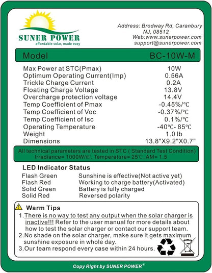 SUNER POWER 10W 12V Solar Battery Charger Maintainer, Built-in Smart MPPT Charge Controller, Adjustable Mount Bracket, Waterproof 10 Watt Solar Panel Kits for Car Automotive Boat Marine RV Trailer