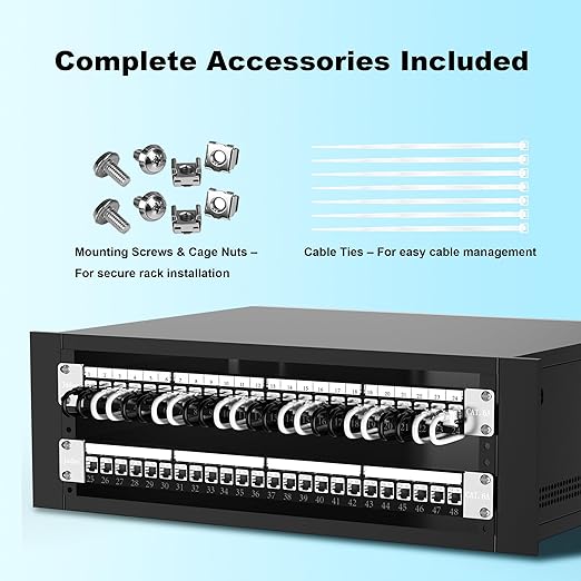 Jadaol 24 Port Blank Patch Panel, 1U 19inch Rack/Wall Mount Patch Panel with Cable Management Bar, Compatible with Cat6 Keystone Jacks, HDMI, Coax, USB, Fiber, Audio Keystone Jacks