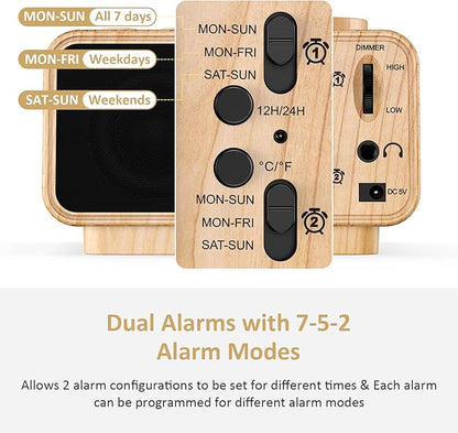 USCCE Digital Alarm Clock Radio - 0-100% Dimmer, Dual Alarm with Weekday/Weekend Mode, 6 Sounds Adjustable Volume, FM Radio w/Sleep Timer, 2 USB Charging Ports, Thermometer, Battery Backup(Wood Grain)