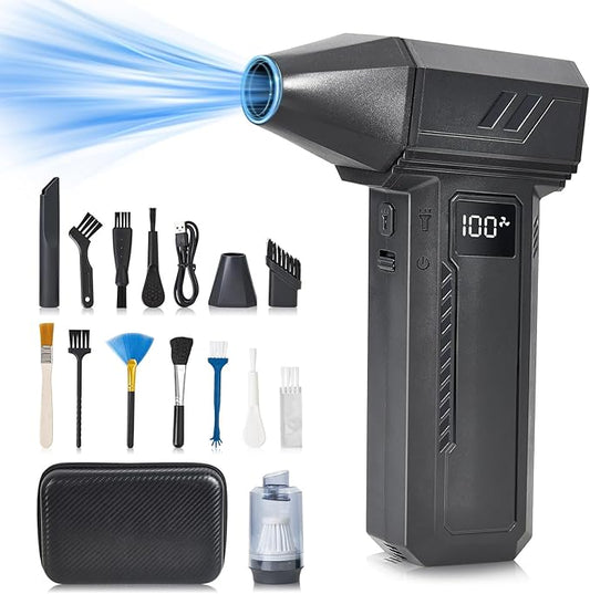 Pasoun 2-in-1 Electric Compressed Air Duster & Car Vacuum Cleaner - 130000RPM High Power Air Blower with LED Light 100-Gear Rechargeable Strong Keyboard Cleaner for PC, Laptop, Home, Car - Black