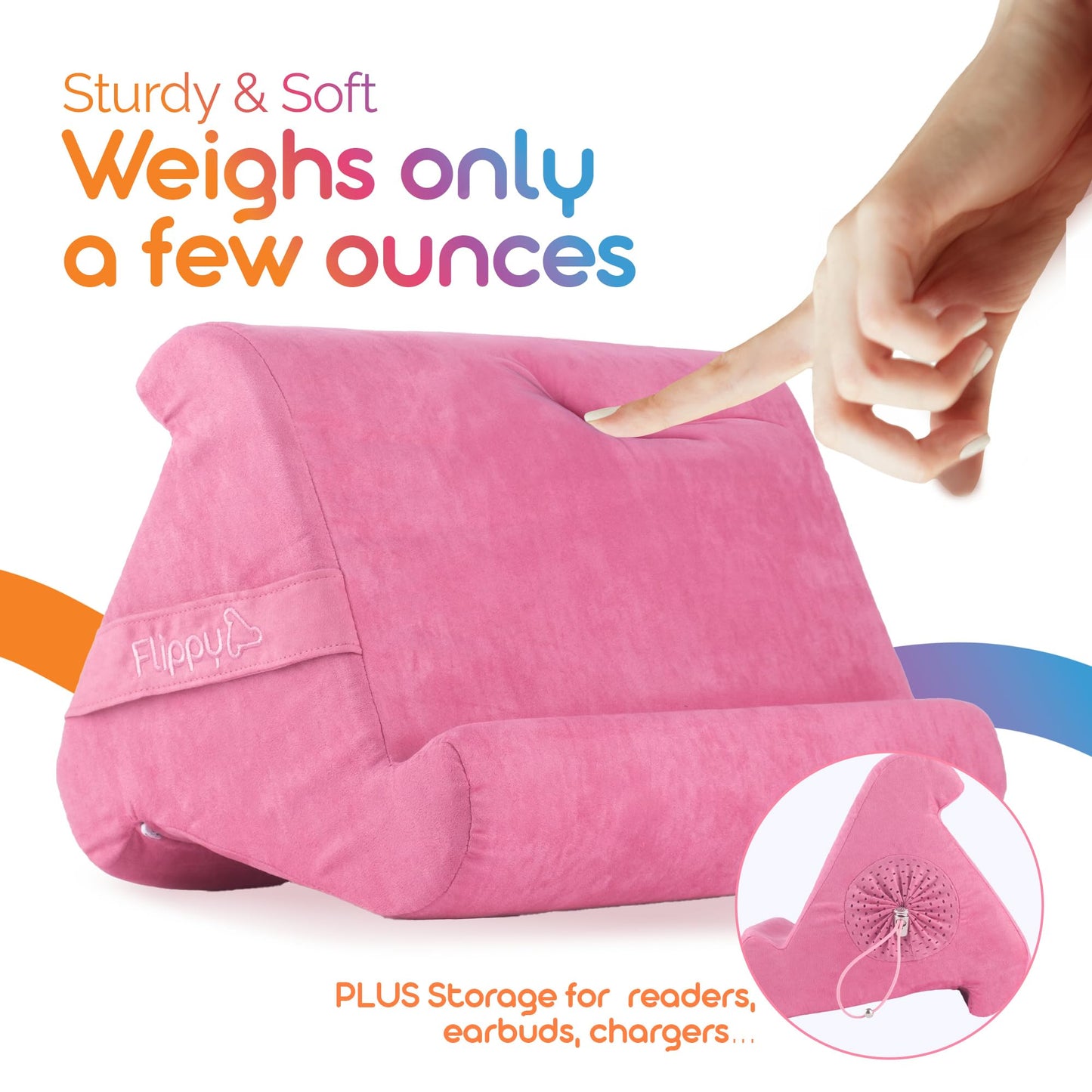Flippy Original Tablet Pillow Stand & iPad Holder, Gift for Book Lovers & Readers, Multi-Angle Stand with Storage for Lap, Desk & Bed, Compatible with Kindle, Fire, iPad & Samsung, in the Pink Baby