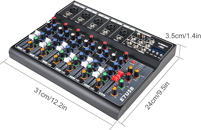 Dj Mixers 7 Channel Audio Mixer Sound Board with Bluetooth, Usb Audio Interface with 48V Phantom Power Sounds Mixer Board with FX Reverb Delay Effect for Streaming