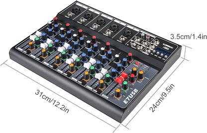 Dj Mixers 7 Channel Audio Mixer Sound Board with Bluetooth, Usb Audio Interface with 48V Phantom Power Sounds Mixer Board with FX Reverb Delay Effect for Streaming