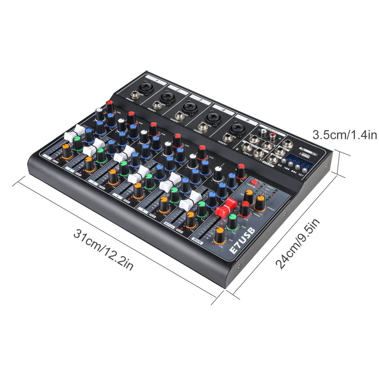 Dj Mixers 7 Channel Audio Mixer Sound Board with Bluetooth, Usb Audio Interface with 48V Phantom Power Sounds Mixer Board with FX Reverb Delay Effect for Streaming