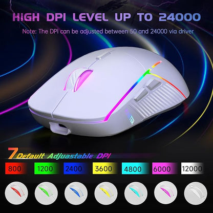FFJ Wireless Gaming Mouse, 24000 DPI, Tri-Mode 2.4G/USB-C/Bluetooth 5.3 Gaming Mouse Wireless, RGB Programmable Mouse Gamer, 75Hrs Battery Life, Rechargeable Gaming Mice for PC, Mac, PS5, Xbox - White