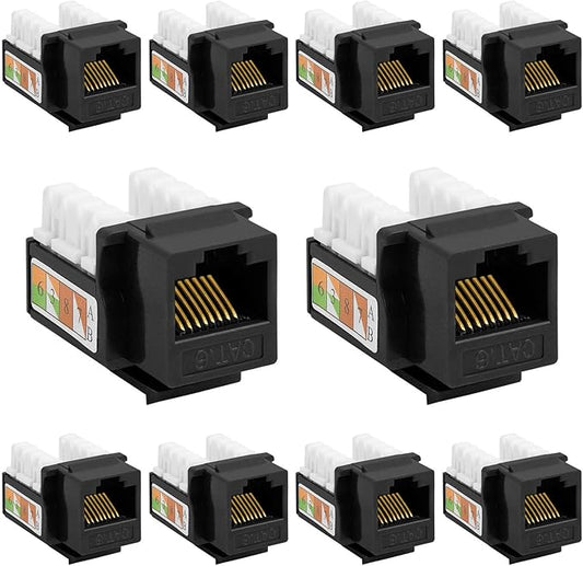 Cmple - Cat6 Keystone Jack 10-Pack 10Gbps RJ45 Keystone Jack 90° Degree Punch Down for RJ45 Connectors, Patch Panel and Wall Plate in Black