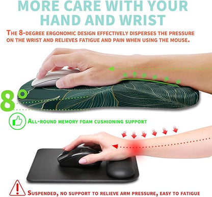 Ergonomic Mouse Pad Wrist Support with Memory Foam Massage Bulge, Carpal Tunnel Pain Relief Mousepad Wrist Rest for Mouse(12x8 inch, Leaves)